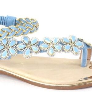 New Color! Italina Blue Floral Rhinestone Embellished Toe Ring Sandal